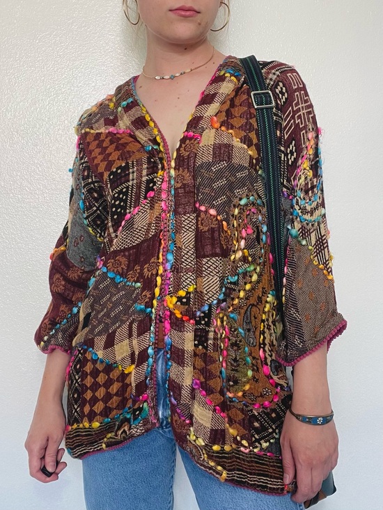 John Mark Sweaters - John Mark | Brown Patchwork Open Kimono Cardigan Colorful Embroidered Yarn